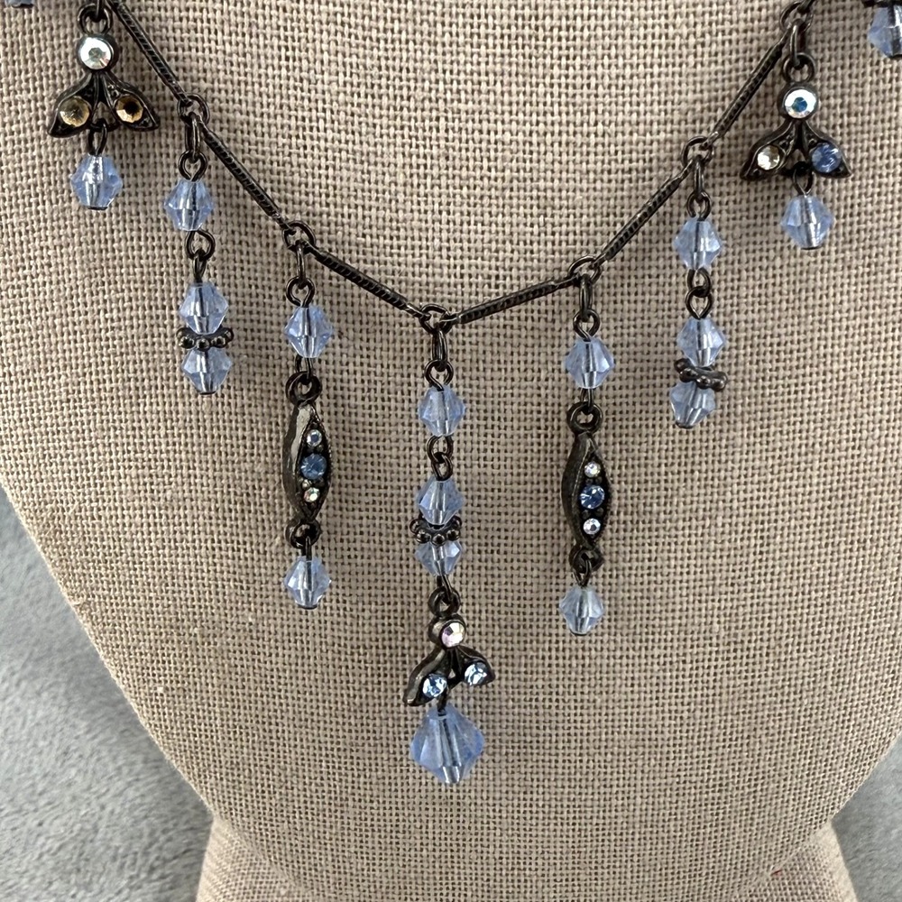 Sweet Romance Necklace Silver Tone Blue Rhinestone Drip Signed 19"‎
